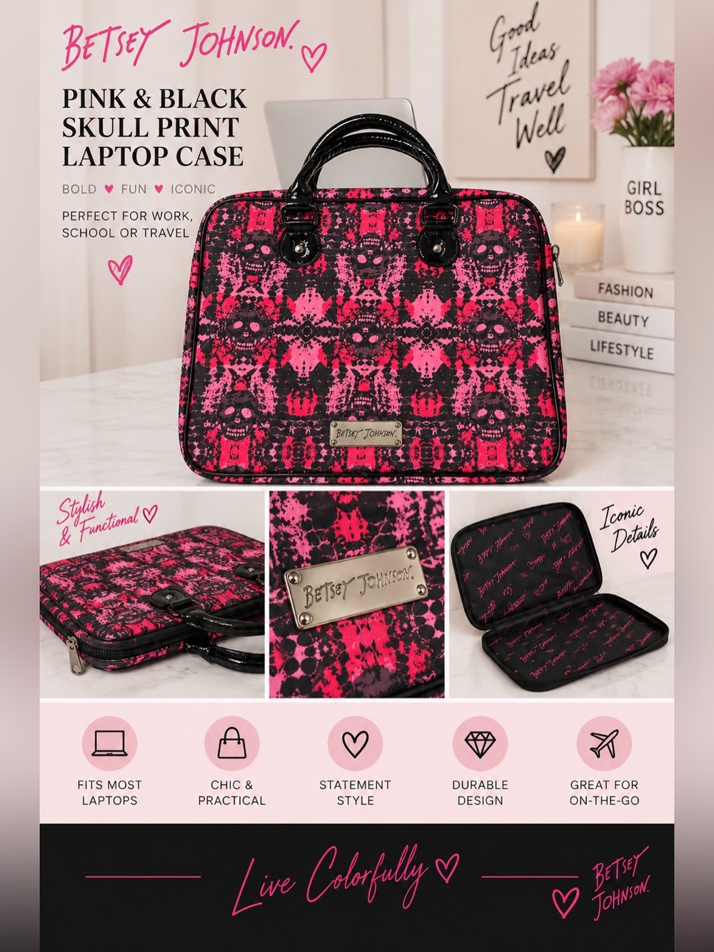 Betsey Johnson Pink and Black Skull Print Laptop Case